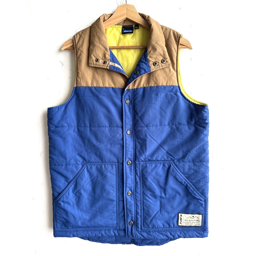 Kavu True Outdoor Wear Puffer Vest Mens Small Blue Tan Colorblock Snap Button